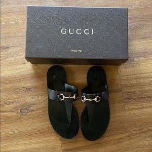 Gucci Horsebit Black Leather Thong Sandals 37.5